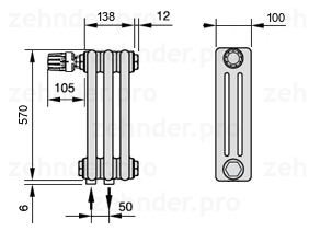 Схема (чертеж) Радиатор Zehnder Charleston 3057/3 №V007 Белый глянцевый RAL 9016